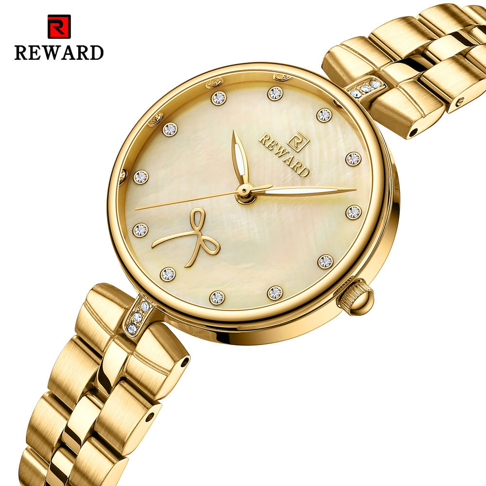 Reward 時尚蝴蝶結設計水鑽錶盤金色女士手錶經典不銹鋼防水石英腕錶