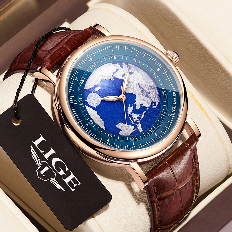 LIGE時尚男士手錶簡約夜光防水運動石英商務皮表男生腕錶