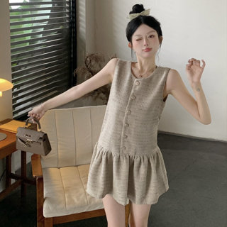 韓版復古性感無袖洋裝女裝緊身收腰卡其色編織單排扣圓領無袖A字洋裝