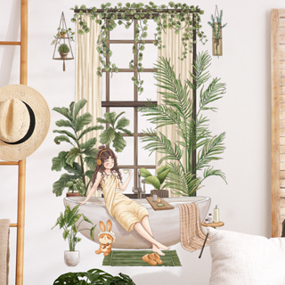 五象設計 清新植物葉子貼畫 窗景女孩 藤蔓植物背景牆貼紙