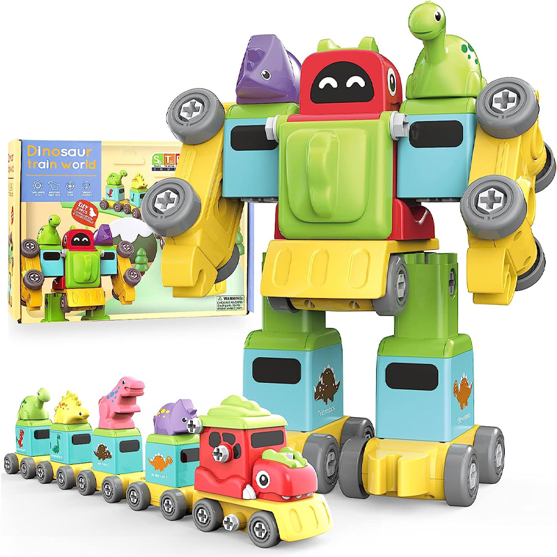 機器人拆解玩具，適合 3 - 6 歲男孩女孩恐龍機器人火車套裝， 5 合 1 工程卡車玩具，用於學習教育活動生日禮物（7