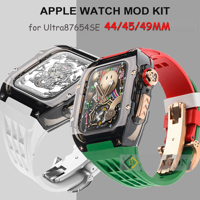 改裝蘋果手錶外觀氟橡膠豪華透明錶帶錶殼適用Apple Watch Ultra8 7 6 5 49mm 45mm 44mm
