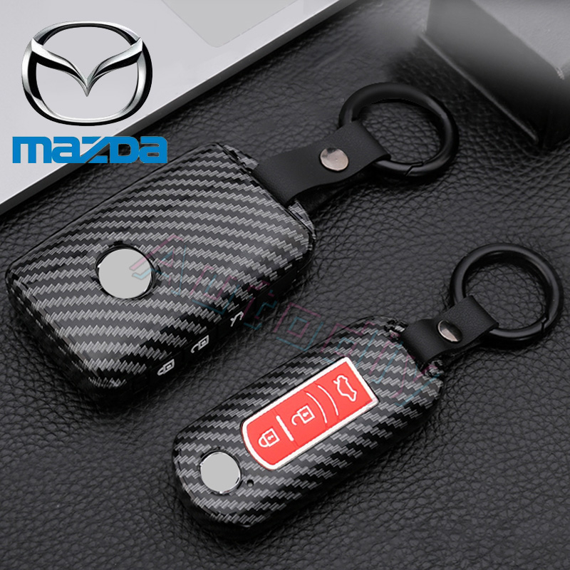 MAZDA 汽車遙控鑰匙包碳纖維全殼蓋 2 3 按鈕馬自達 3 馬自達 CX30 推啟動防刮遙控鑰匙蓋/鑰匙包配件