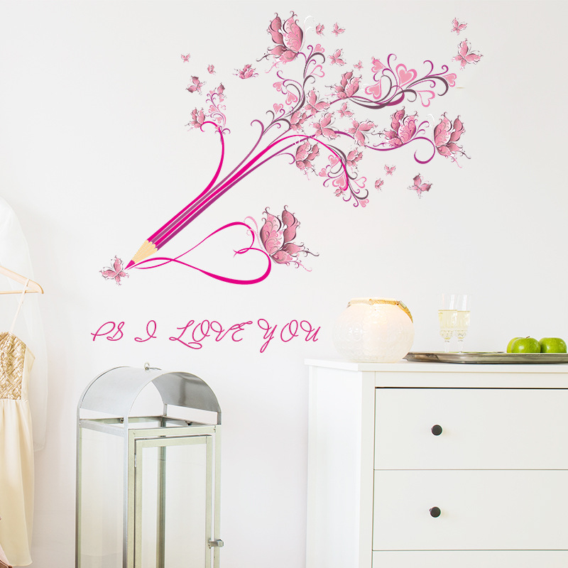 五象設計 粉色個性鉛筆貼紙 PVC自粘牆貼 臥室客廳家居牆面裝飾牆貼