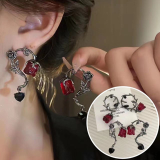 925銀針復古紅色玫瑰花耳環法式氣質高級感耳飾