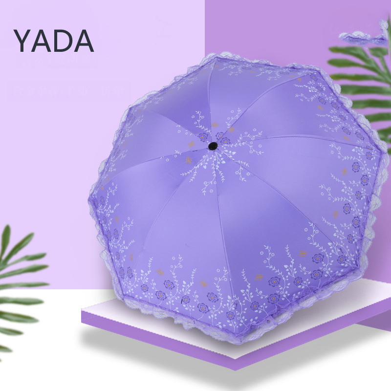 Yada 時尚 3 折花卉設計雨傘魅力雨太陽蕾絲傘女士黑色塗層紫外線傘 YS230027