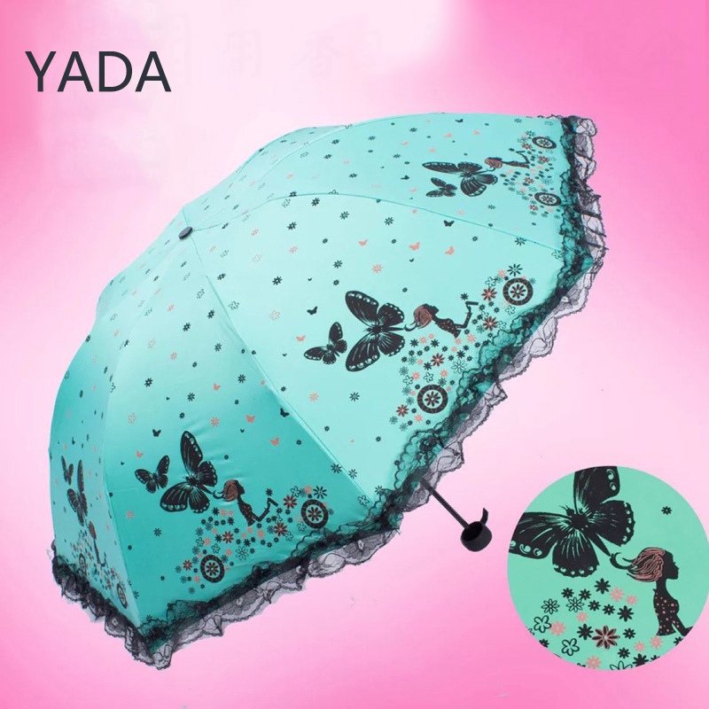 Yada 時尚 3 折蝴蝶設計雨傘魅力雨太陽蕾絲傘女士黑色塗層紫外線雨傘 YS230026
