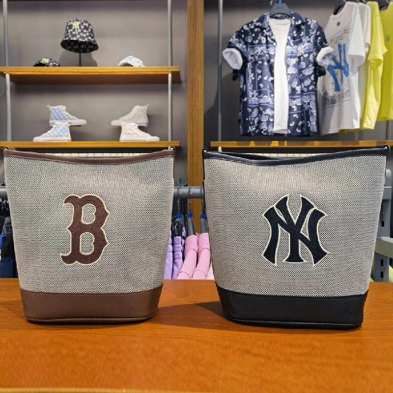 MLB帆布水桶包NY大標刺繡洋基隊托特包潮牌手提包斜背包斜背包