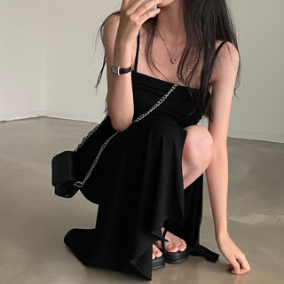 mistletoe 韓國chic夏季復古簡約抹胸型吊帶裙女緊身開叉長款洋裝 洋裝 洋裝