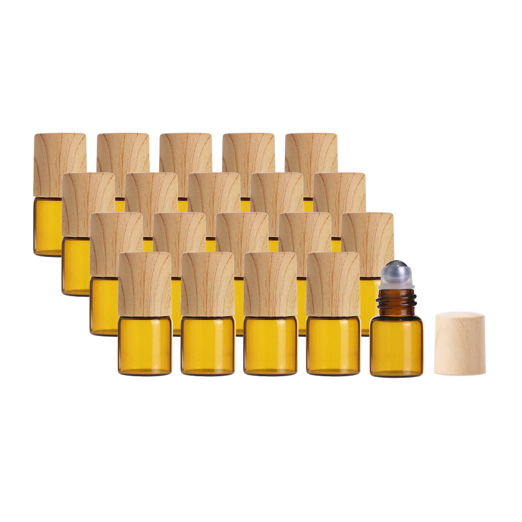 20 件 1ml 琥珀色精油樣品瓶木紋蓋 1ml 滾瓶精油玻璃滾瓶