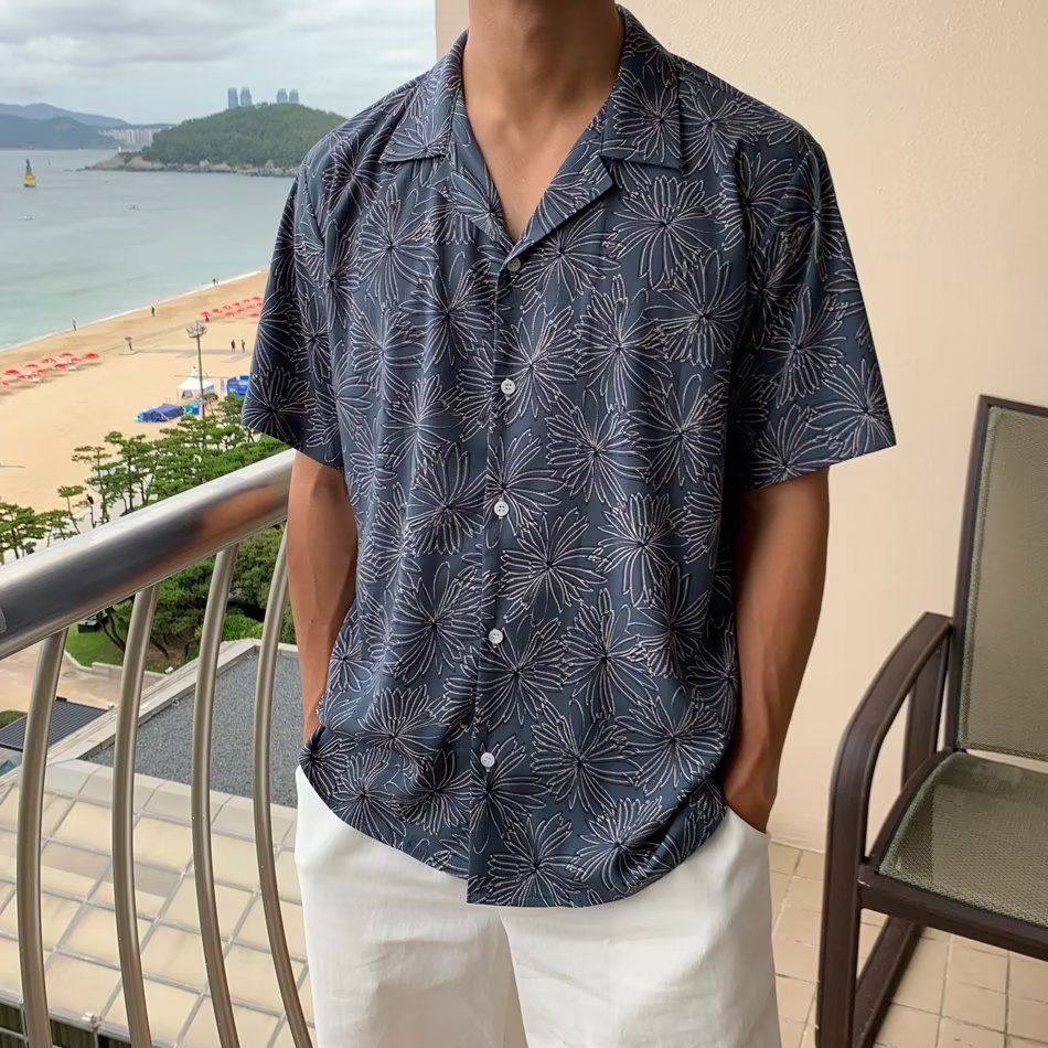 夏威夷風花襯衫男 短袖高級感冰絲古巴領襯衫  西裝內搭 度假風 薄款休閒寬鬆襯衫