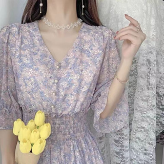 【F-store】2023夏季新款初戀小眾V領收腰雪紡碎花短袖仙女高級氣質洋裝
