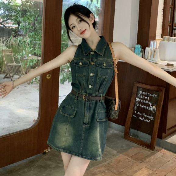 韓版復古性感牛仔洋裝女裝緊身收腰單排扣翻領無袖緊身洋裝