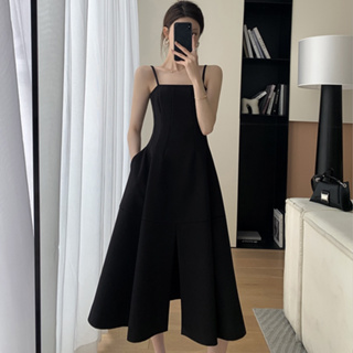 黑色吊帶洋裝連衣裙夏季新款氣質A字性感開叉中長裙