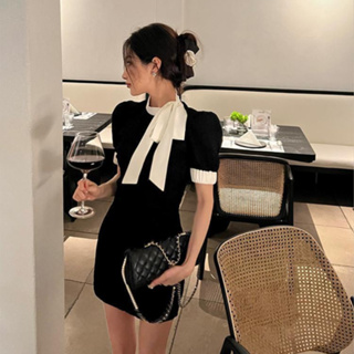 【Miss Z】韓版氣質ol通勤洋裝女 夏季新款高級感顯瘦包臀裙 收腰黑色洋裝 女裝 小香風洋裝 夏天洋裝 綁帶洋裝