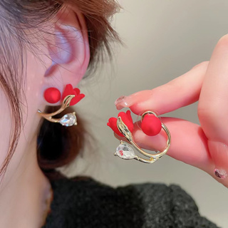 925銀針一款兩戴紅色花朵珍珠耳環高級感優雅時尚氣質耳飾
