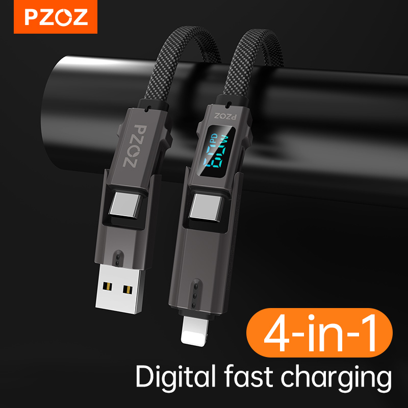Pzoz [4 合 1] 60W 數顯快速充電線,USB/照明/type c 四接口自由開關,5A 供電尼龍編織充電線,