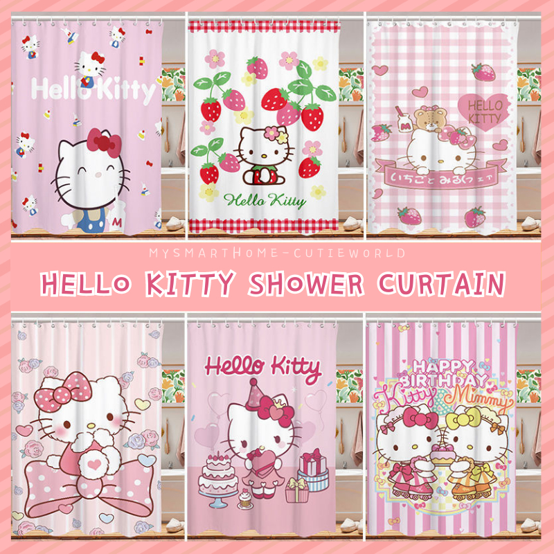 Hello Kitty 浴簾帶掛鉤滌綸浴簾卡通浴簾粉色浴室配件