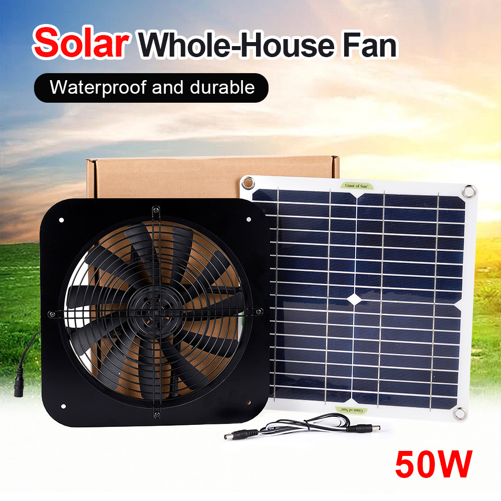 17英寸50w 12V單晶矽太陽能排氣扇抽風機迷你通風機太陽能電池板供電風扇用於狗雞舍溫室房車