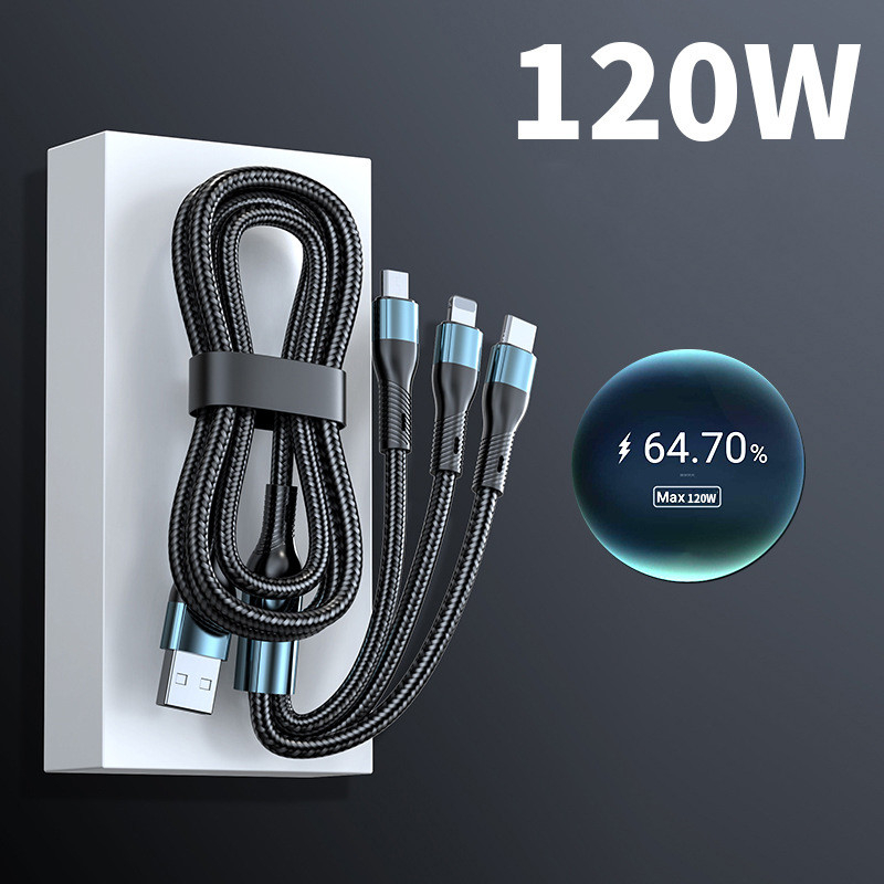 120w 3 合 1 超快速充電線適用於 iPhone 14 13 12 11 三星小米華為 USB 微型 C 型充電器