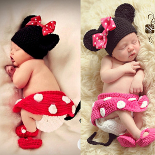 寶寶0-12個月照相服裝 米奇老鼠兒童米妮攝影帽嬰兒毛線帽藝術照衣服