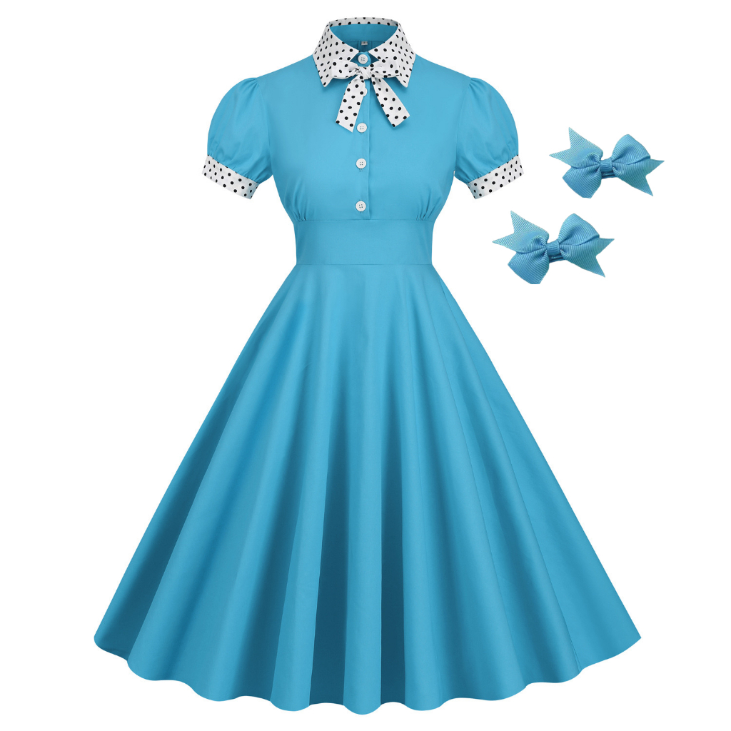 芭比娃娃連衣裙藍色成人連衣裙白色波爾卡格子露背泡泡袖復古派對帶蝴蝶結