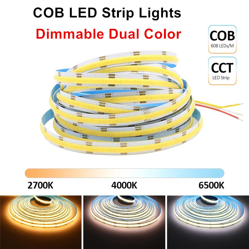 可調光雙色 COB Led 燈條 608 Led/m 高密度柔性 CCT FOB Led 膠帶 2700K 至 6500