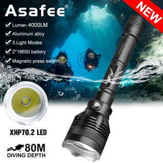 Asafee 4000LM FL027D XHP70.2 LED白光超亮潛水手電筒水肺潛水聚焦使用18650電池3檔開關