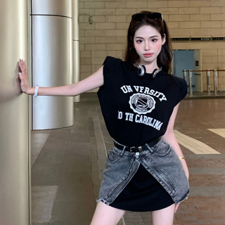 韓版時尚套裝女裝個性街頭字母印花寬鬆黑色無袖圓領T恤洋裝+高腰牛仔半身裙兩件套