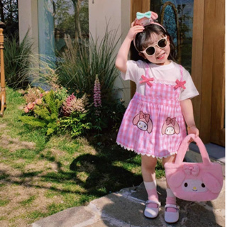 庫洛米洋裝 女童洋裝 兒童洋裝 夏季寶寶格子小清新卡通揹帶短袖公主裙 kuromi