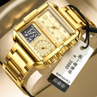 LIGE 奢華時尚男士手錶金鋼石英手錶運動方形數字模擬大手錶男士