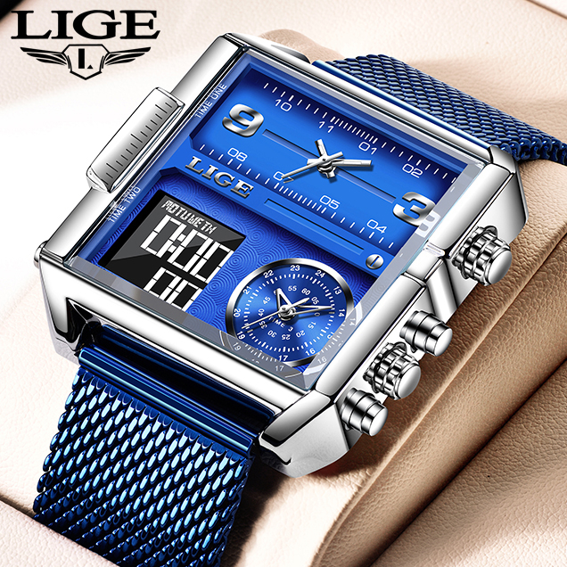 LIGE全鋼防水手錶男士運動石英網帶手錶方形雙顯示時鐘手錶