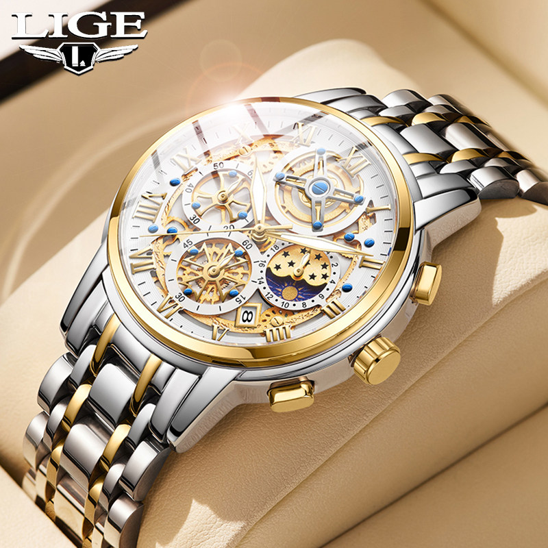 LIGE 原裝男士手錶全鋼防水石英男士手錶商務運動自動日期手錶