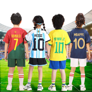 兒童足球球衣套裝 2022 年世界杯阿根廷梅西/巴西內馬爾/法國姆巴佩/葡萄牙羅納爾多國家隊運動兒童足球球衣