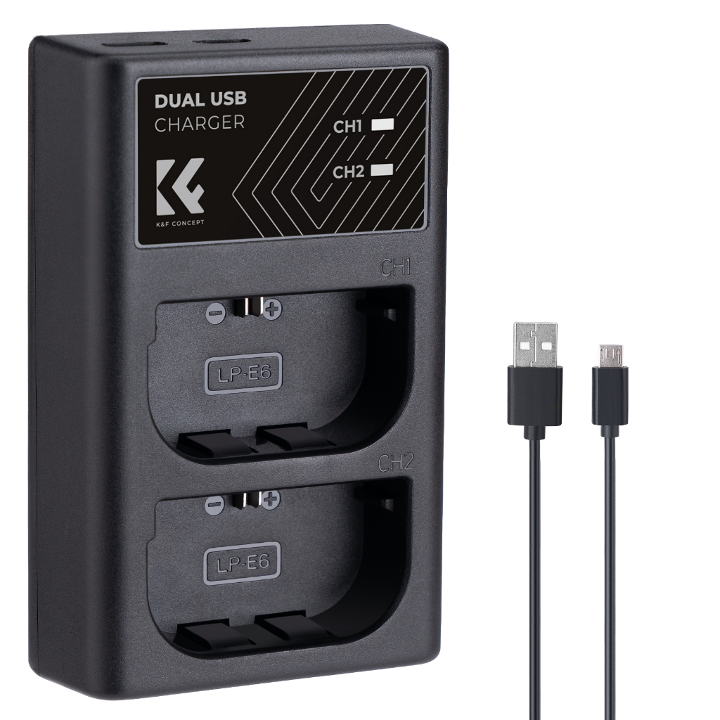 K&amp;f Concept LP-E6/LP-E6N/LP-E6NH 雙槽快速充電器,帶 Micro USB 和 Type-