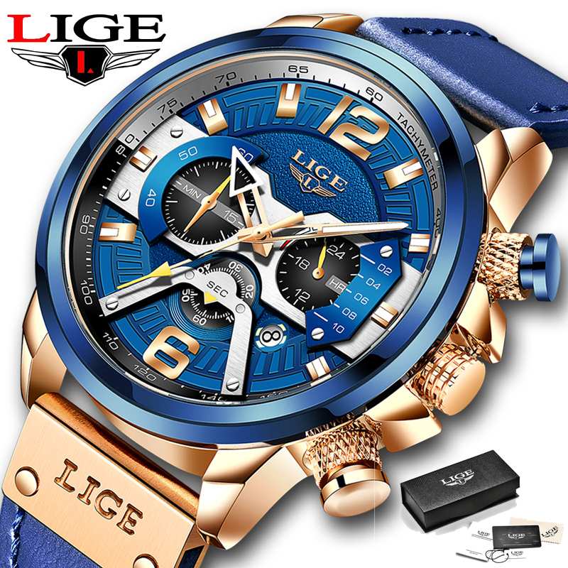 LIGE 原裝男士手錶防水計時碼表石英運動皮革手錶
