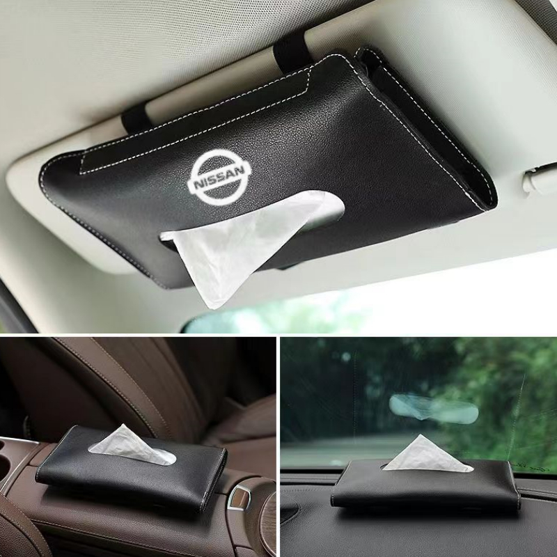 NISSAN 1 套通用汽車遮陽板紙巾盒支架 PU 皮革紙巾盒蓋盒配件適用於日產 Almera X-Trail nava