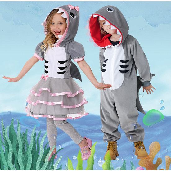 萬聖節兒童兒童鯊魚卡通毛絨睡衣動物角色扮演服裝男孩女孩表演服裝連身衣