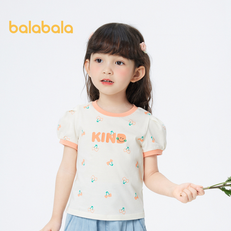 balabala 兒童t恤女童短袖2023夏季新款純棉泡泡袖上衣