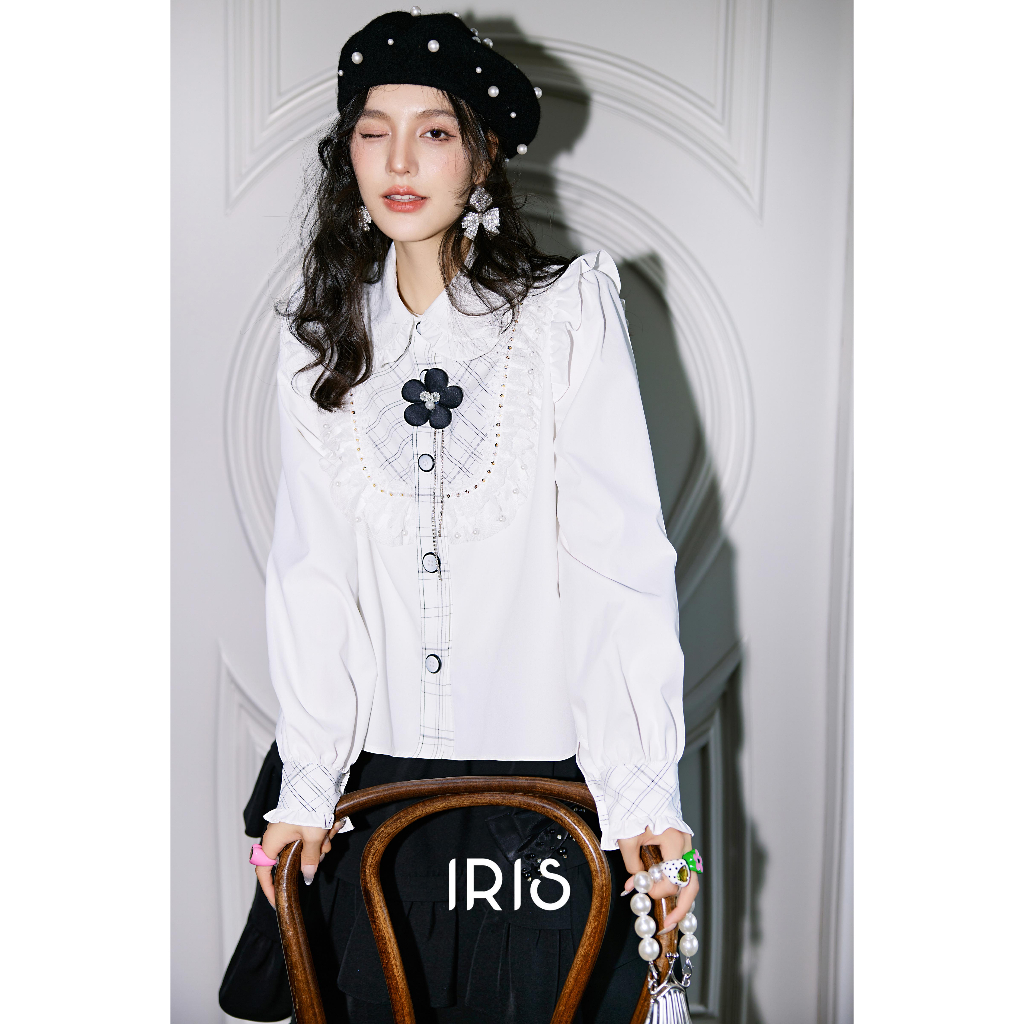 IRIS BOUTIQUE 泰國製造 小眾設計 Queenstown系列half moon bay純白蕾絲翻領襯衫長袖女