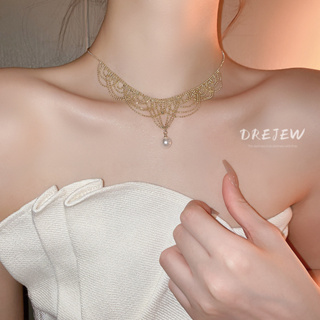 Drejew 珍珠蕾絲項鍊女12MM復古奢華設計鍍流蘇蕾絲編織項鍊