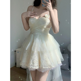 【Miss Z】2023夏季新款輕奢仙女拖尾禮服吊帶洋裝 蕾絲顯瘦洋裝 短版高級感女裝 生日洋裝