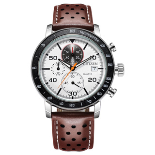 Citizen 男士手錶手錶計時碼表功能手錶黑色/棕色天使世界計時碼表皮革錶帶手錶 Jam tangan lelaki