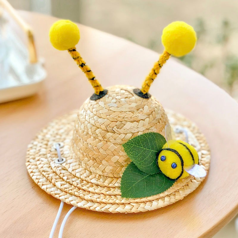 新款網紅寵物草帽夏天太陽帽裝飾中小型幼犬泰迪貓狗蜜蜂卡通帽子