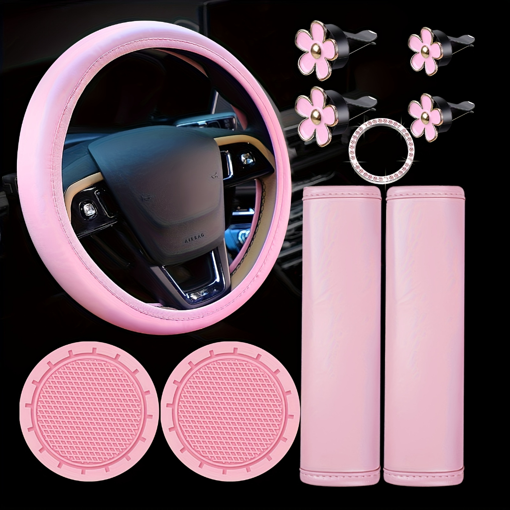 10 件裝芭比粉色女式汽車裝飾,方向盤套+汽車安全帶肩墊+杯架+水鑽環貼紙標誌+汽車通風口夾