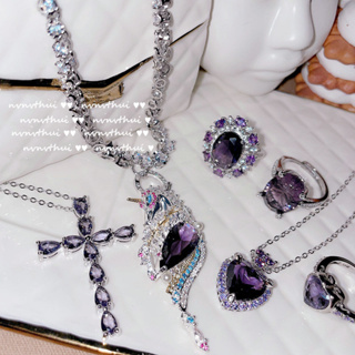璀璨葡萄紫寶石吊墜戒指 時尚紫鑽十字架項鍊 奢華紫羅蘭紫水晶戒指 高級珠寶