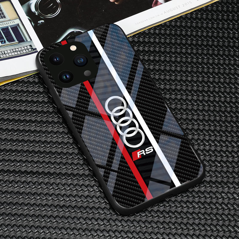 【熱銷】創意全包碳纖維玻璃奧迪手機殼適用於 Iphone 11 12 13 14 Pro Max 手機殼 1x Xs X