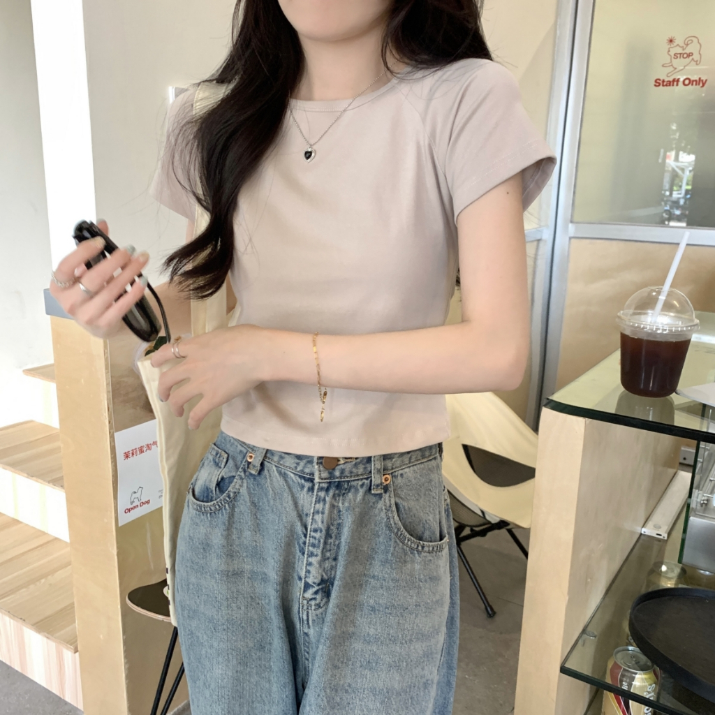 夏季韓版緊身短版插肩設計感素色百搭純棉短袖女T恤上衣