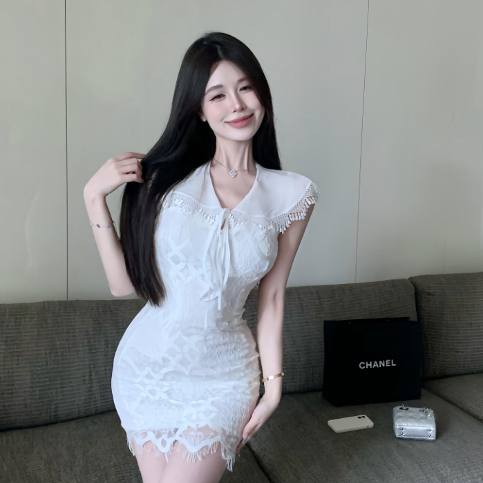 韓版氣質性感蕾絲洋裝女裝緊身收腰V領無袖緊身洋裝白色