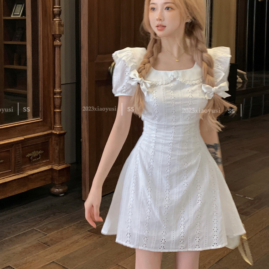韓版氣質性感白色蕾絲洋裝女裝緊身收腰刺繡純棉圓領短袖A字洋裝